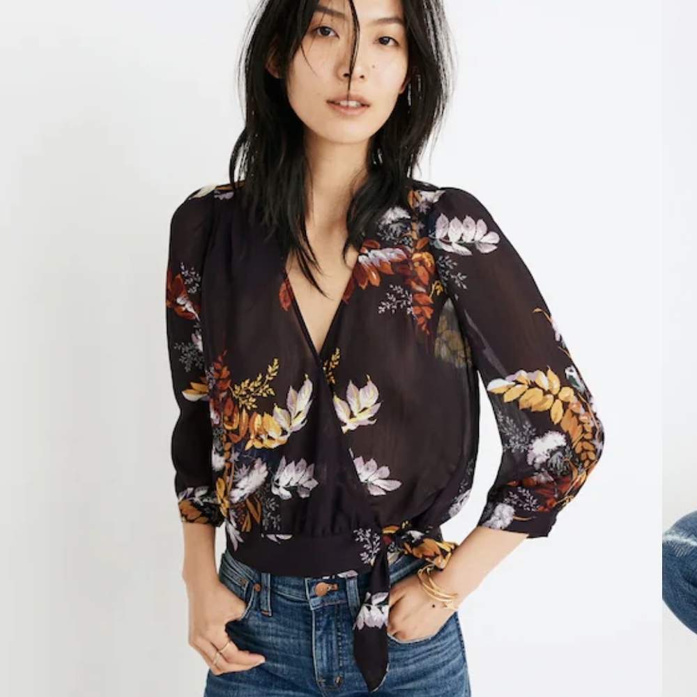 Madewell Black Floral Wrap Blouse with Mustard & Cream Accents